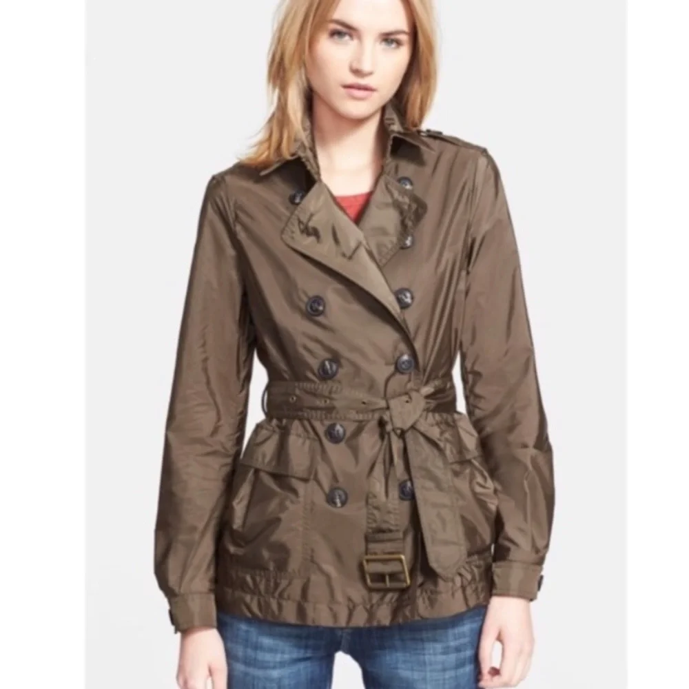 Burberry Peasdale Brown Tan Nylon Double Breasted Gold Button Trench Jacket - 8